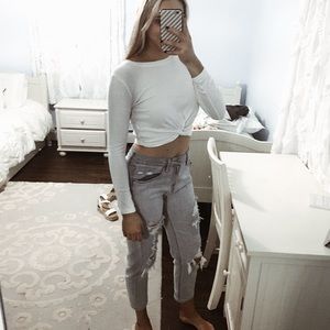 white scrunch long sleeve top top